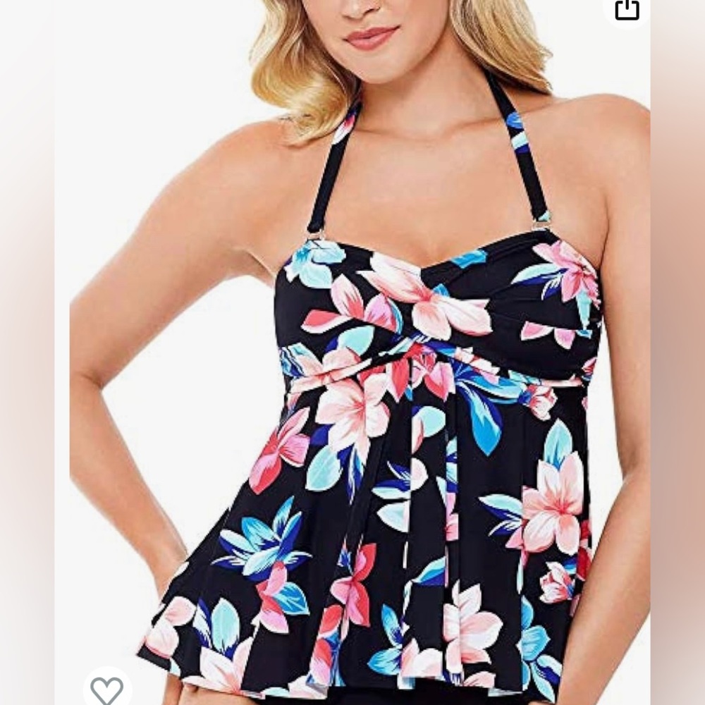 Swim Solutions Women's Lanai Black Printed Flyaway Tankini Swim Top size 10 NEW